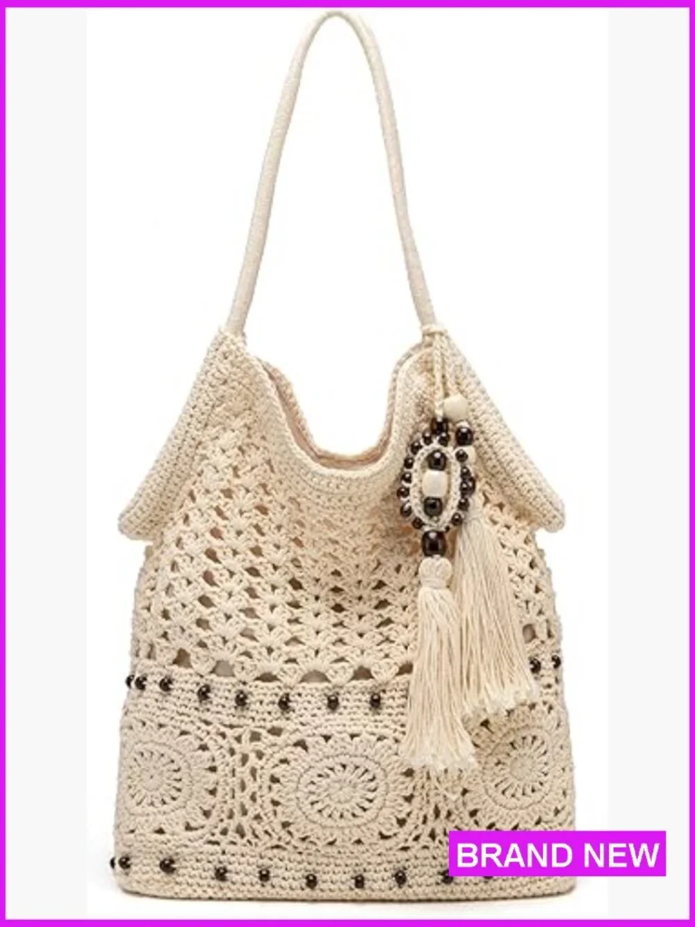 Handcrafted Crochet Hobo Bag Woven Macrame Tote Boho Shoulder Purse with Tassels